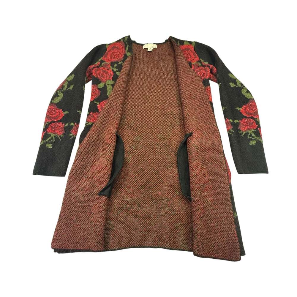 By Design Red Rose Floral Open Front Long Cardigan Sweater Size M - Picture 3 of 10